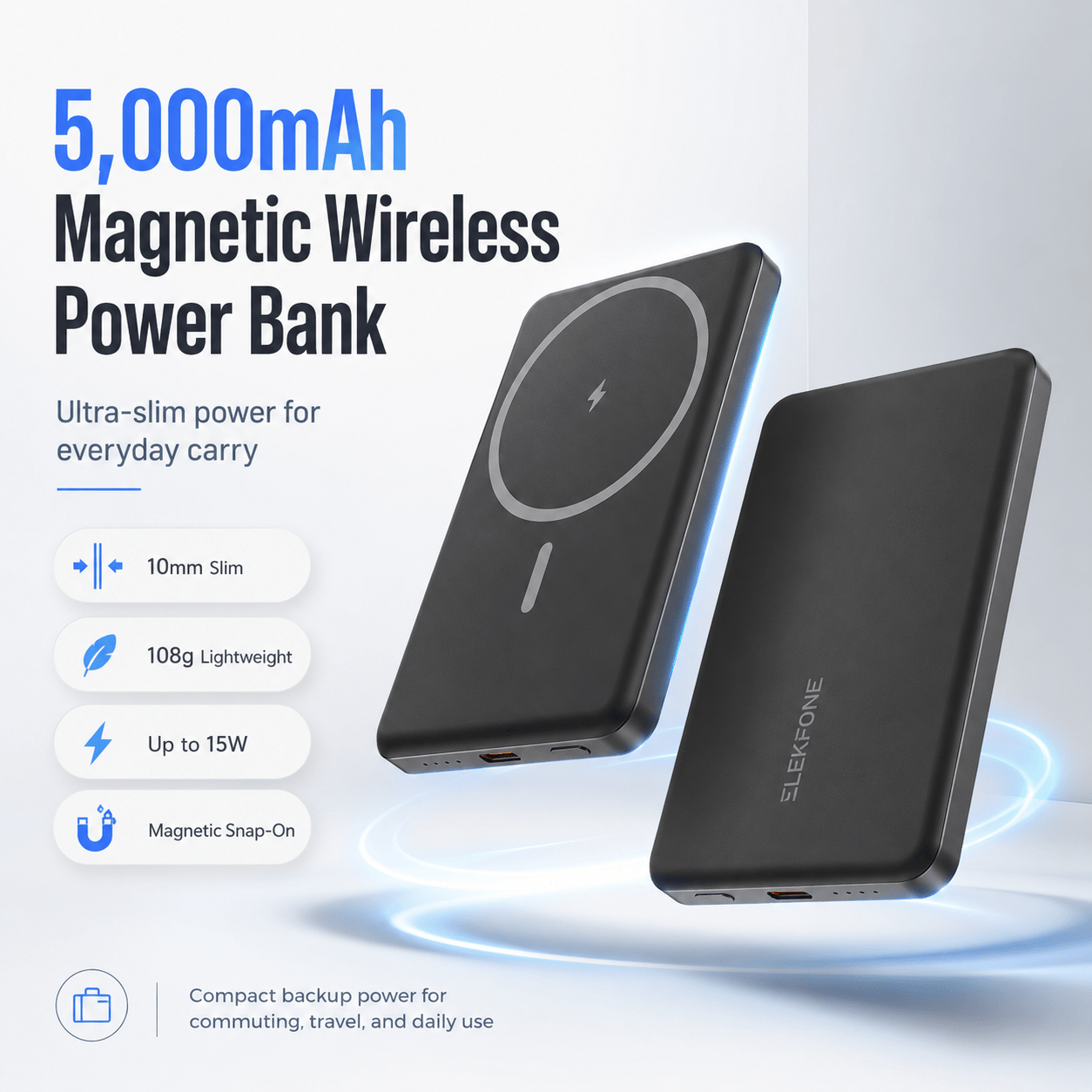 TEMU 5000mah Slim Magnetic Wireless Power Bank, Portable Phone Charger With Led Battery Indicator, 15w Fast Wireless Charging, Lightweight Backup