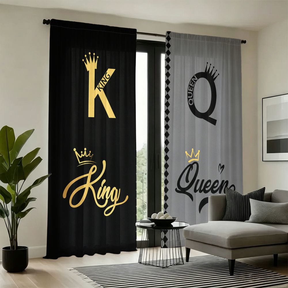 TEMU 2d Flat - 2d Flat - 2pcs 2d Flat Print 21.65x59in/55x150cm King And Queen Curtains, King And Queen Pattern Semi-transparent, Polyester Material,