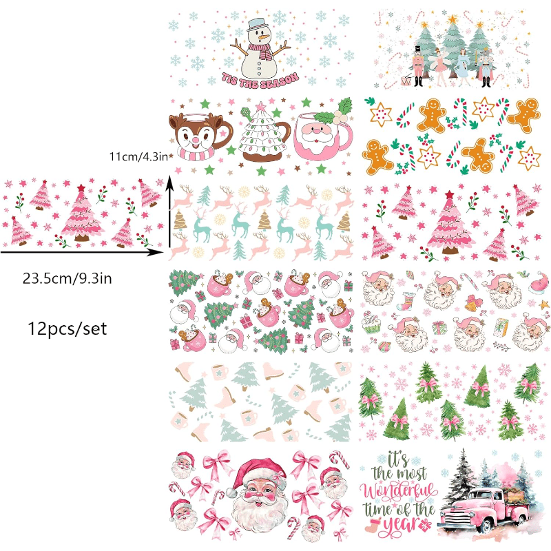 TEMU 12 Sheets Christmas Uv Dtf Cup Wrap Transfer For Glass Xmas Santa Snowman Rub On Transfers For 16 Oz Glass Cup Transfers Christmas Tree Cars For