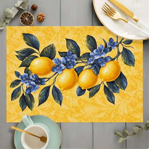 4pcs lemon and blue flower personality printed square placemats elegant and fashionable design heat resistant and antislip easy to clean suitable for kitchen dining table coffee table home decoration gift machine washed