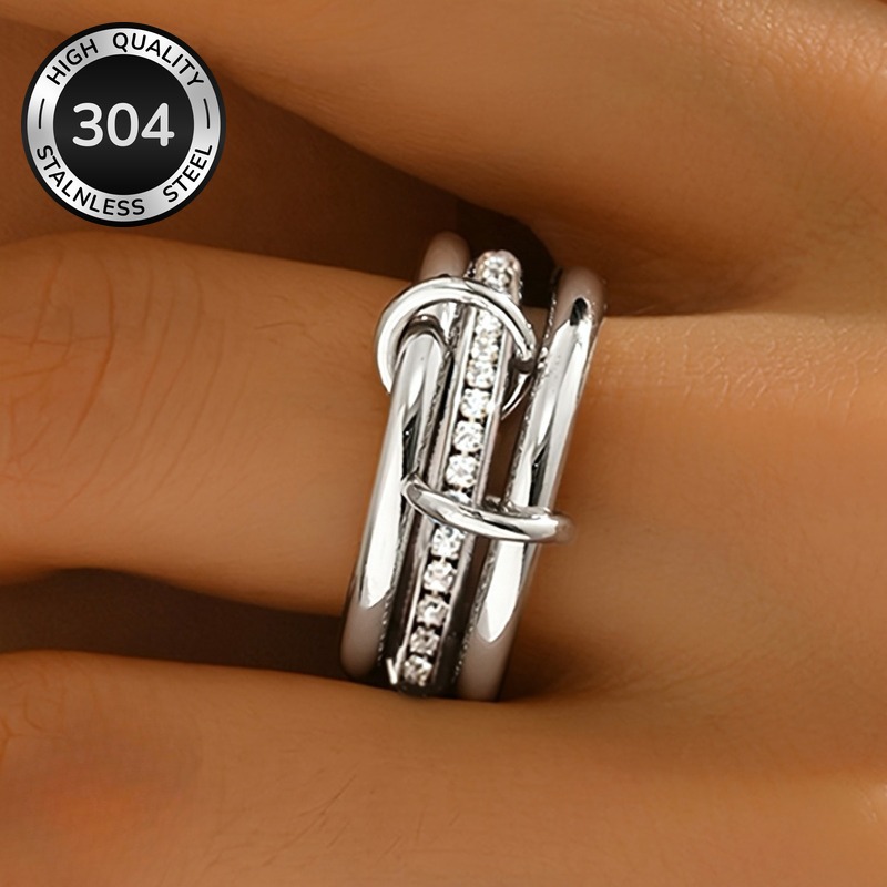 TEMU Fashion Unique Personality Design 304 Stainless Steel Inlay Shiny Synthetic Zirconia Nterlocking For Women Men Daily Casual Party Hip-hop Goth