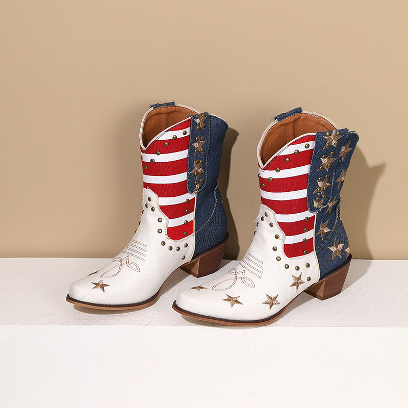 womens   calf western cowboy boots with star and stripe patterns pointed toe and block heel design splicing with rivet and embroidery decorations   style women shoes