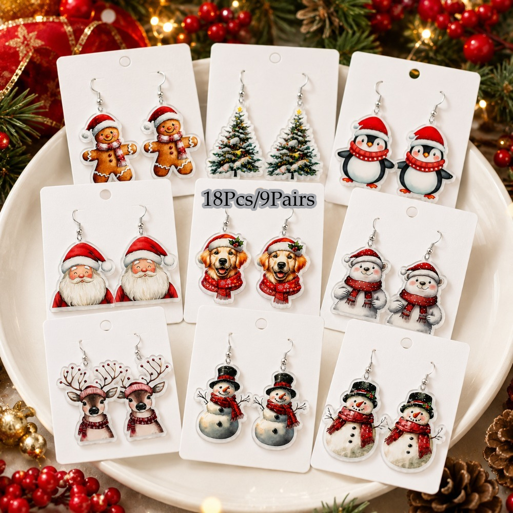TEMU Ensemble de 18 boucles d'oreilles suspendues de Noël en acrylique, 9 paires, conçu exclusivement , avec des de sapin de Noël, Père Noël, et .