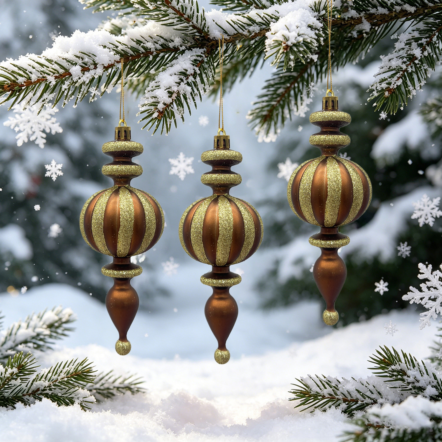 TEMU 3pcs Luxury Retro Glitter Hanging Ornaments - Metallic Brown Plastic Irregular Shaped Suitable For Christmas Tree Decorations With Painted