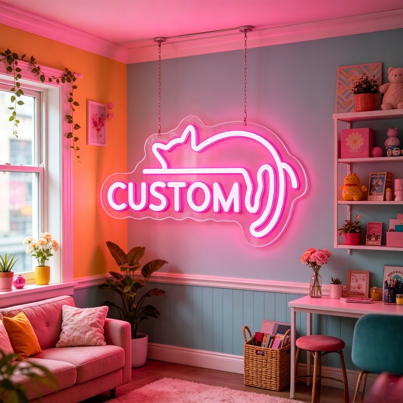 Custom Pink LED Neon Sign, Lazy Cat-Shaped, USB Powered