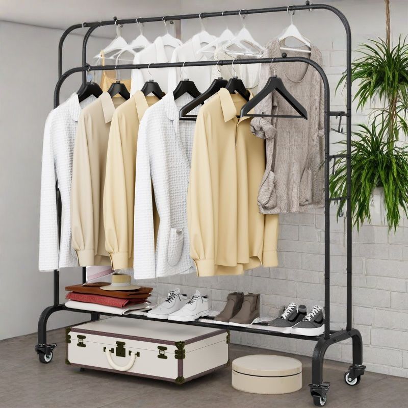   iron double rods garment rack with wheels freestanding multi functional clothing organizer portable clothes hanger with 4 hooks with no electricity required for closet storage details 1