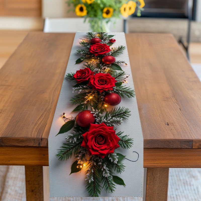 Image of 1pc Of Table Runner Suitable For Home, Kitchen, And Restaurant Use, Featuring A Christmas Theme With Red Roses, Pine Branches, Sparkling Ornaments, And Twinkling Lights