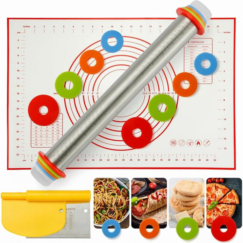 TEMU 1pc Adjustable Stainless Steel Rolling Pin, With Thickness Guide And Scale - Made Of Stainless Steel, With Ergonomic Handle And Non-slip Grip,