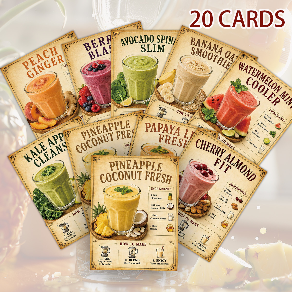 TEMU Ensemble de 20 cartes de recettes de smoothies vintage pour un style de - Smoothies de remplacement pour la perte de poids, avec des cartes de