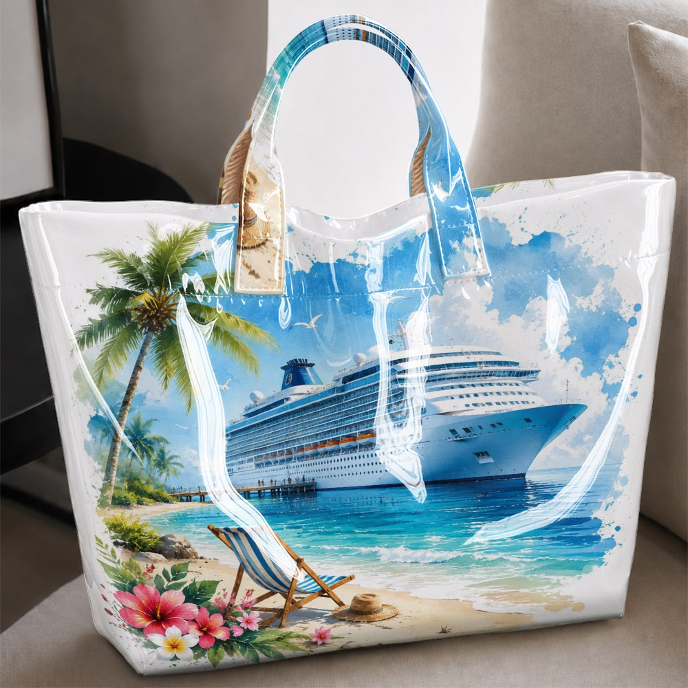 Image of Tote Bag With Cruise And Beach Vacation Print; Fresh, Seaside-style Handbag With Spacious Interior - Ideal For Cruise Trips, Beach Holidays, Shopping, And Everyday Use