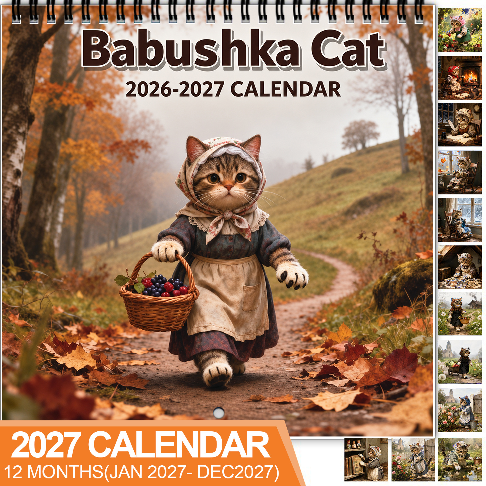 TEMU 1pc 2027 Babushka Cats Wall Calendar, Spiral-bound 12-month Calendar With Thick Coated Paper, Features Cute Cats Wearing Floral Headscarves In