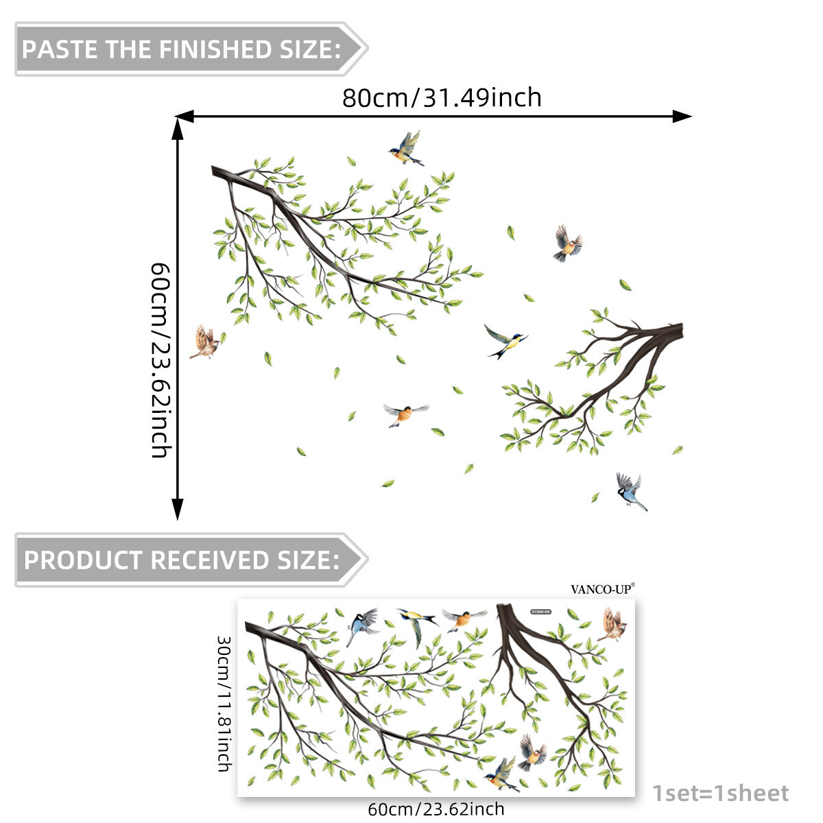 E-shop (30 x 60 cm) Neues handbemaltes Ast- und Vogel-Frühlings-Sommer-Einlagensatz, statische Haftung, Hintergrunddekoration für Zuhause,