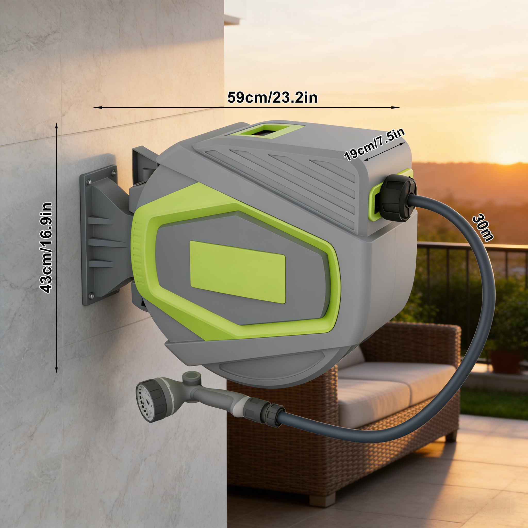 30m Garden Hose Reel, Wall-mounted, Automatic Function, 9 Spray Nozzle Functions, 180° Swivel, Hose Box, Wall-mounted Hose Holder, Water Hose Reel