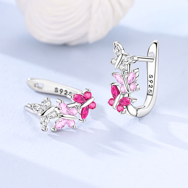 Women's 925 Silver Dancing Gradient Pink Butterfly French Ear Hook Earrings