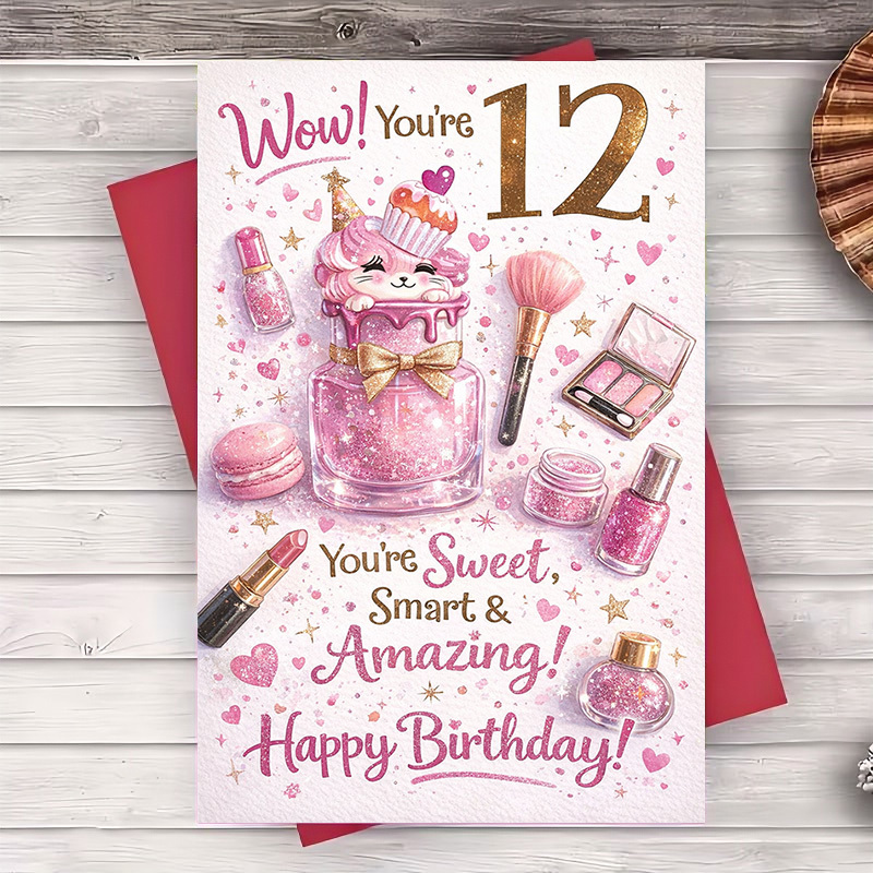 TEMU 2pcs (one Envelope And 1 Greeting Card)sparkling Pink Birthday Card For Girls Age 12 Sweet Stylish Teens A Smart Amazing Birthday With Glitter
