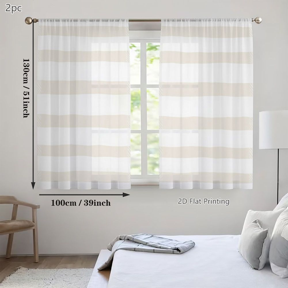 TEMU 2D Plat - 2D Plat - 2D Plat, 2pcs Petites Rideaux Voilages Printemps Été, Rayures Blanc Crème et Beige avec Décoratifs en Carreaux, pour Salons,