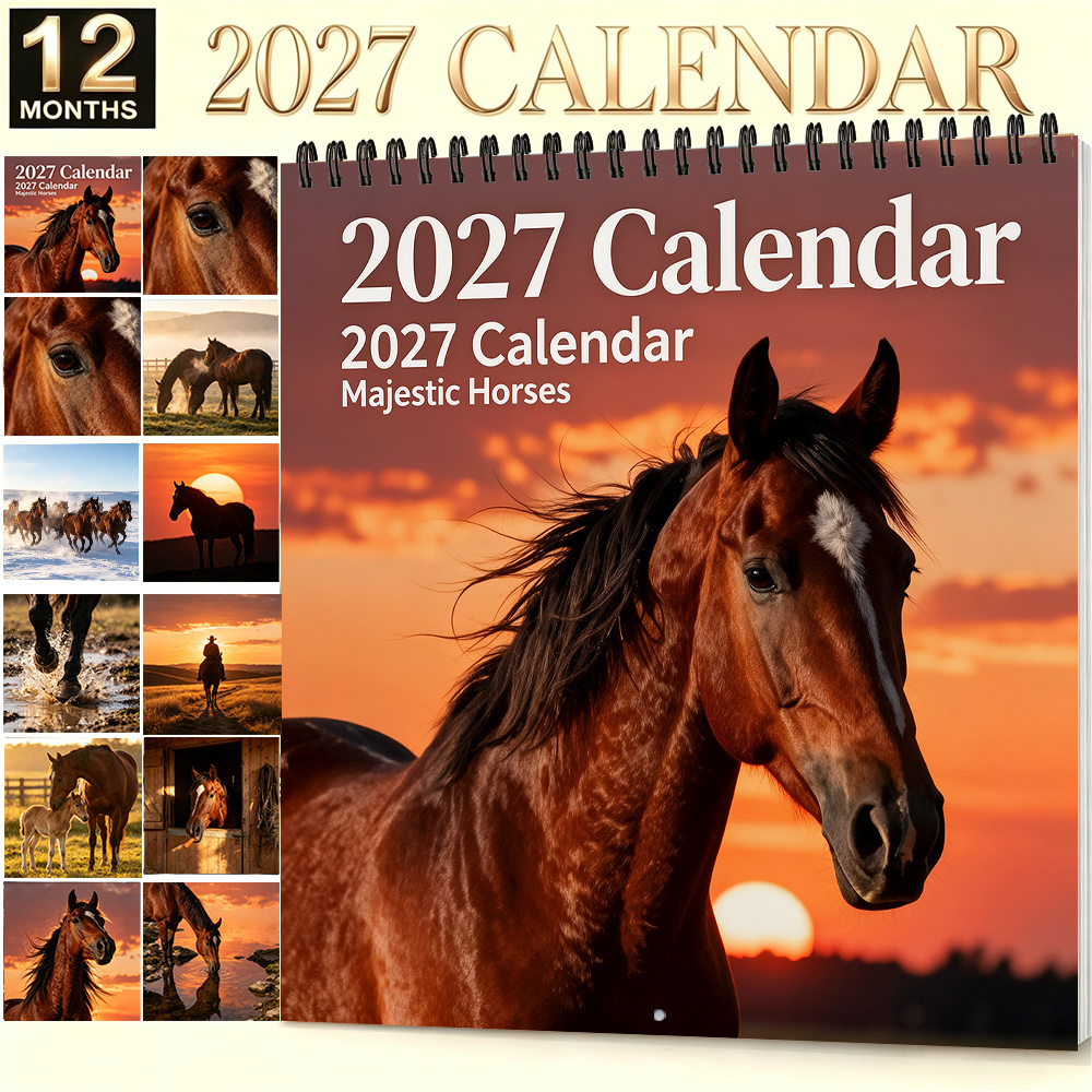 TEMU Calendrier 2027 8.3 X 8.3 pouces Chevaux Majestueux Calendrier Mural Mensuel Papier Épais Décoration Maison Bureau Salle de Classe Convient pour