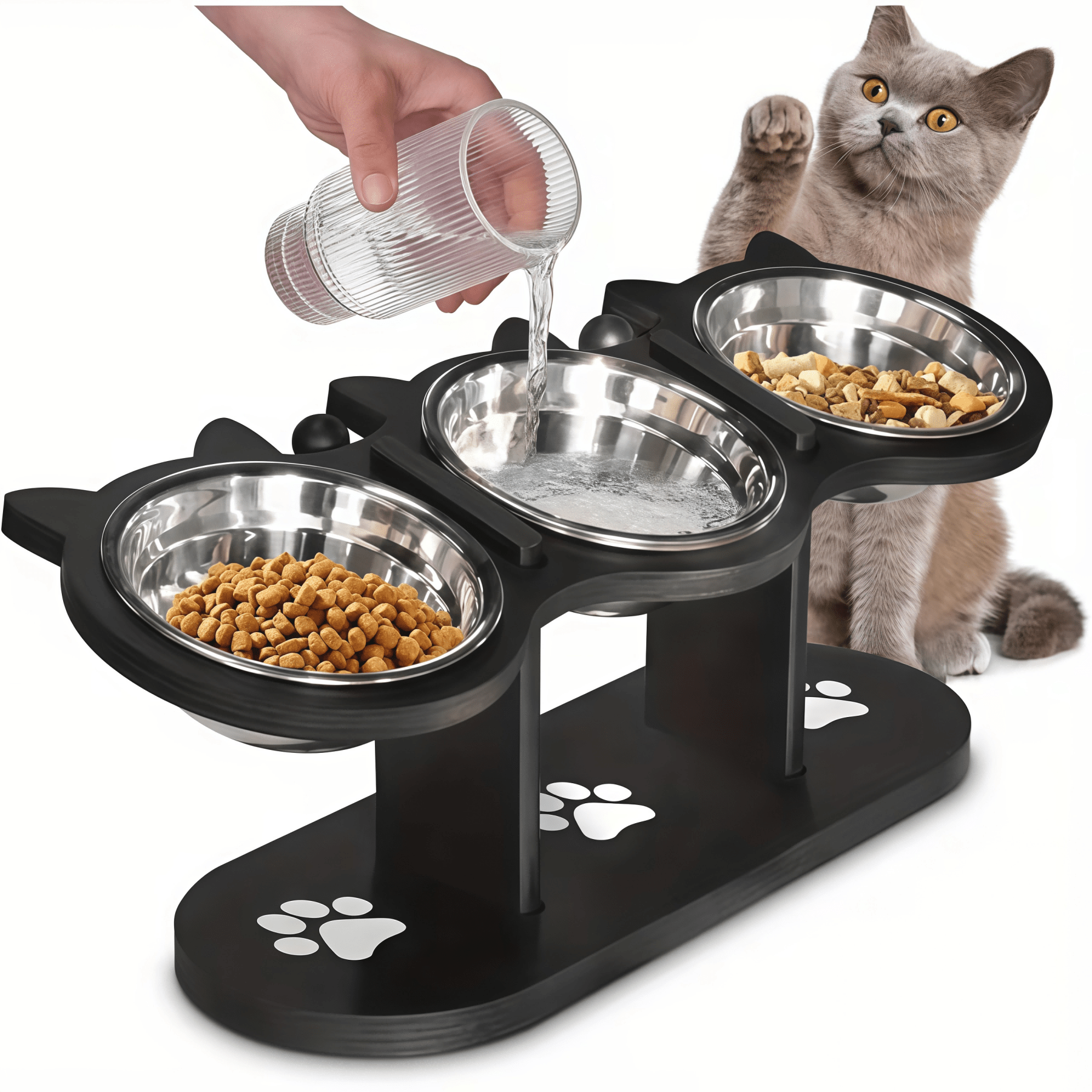 TEMU Support à gamelles surélevé incliné à 15° avec 3 gamelles en acier inoxydable, distributeur d'aliments surélevé réglable pour chats et chiots,