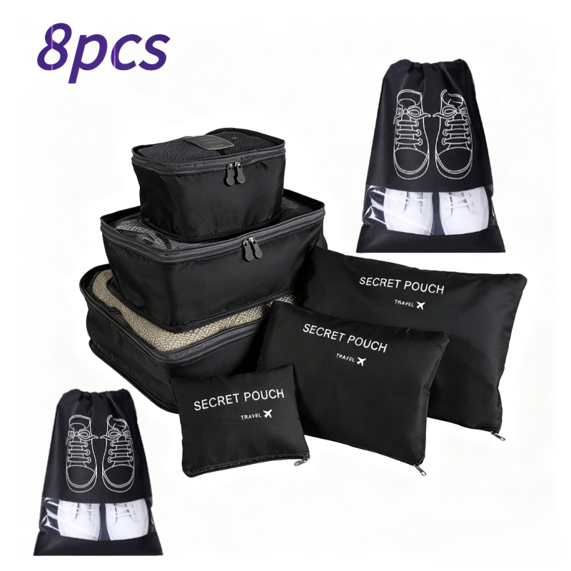 TEMU 8pcs Travel Packing Cubes Set, Luggage Organizer Pouches With Drawstring Shoe Bags, Mesh Suitcase Storage Bags, Lightweight For Clothes,