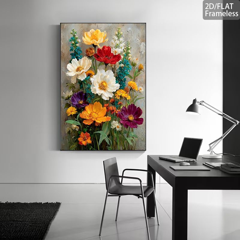 TEMU 2d Flat, 2d Flat, 1pc Modern Minimalist Vertical Frameless Canvas Wall Art - Multicolor Bloom Print, Vertical Poster Suitable For Living Room,