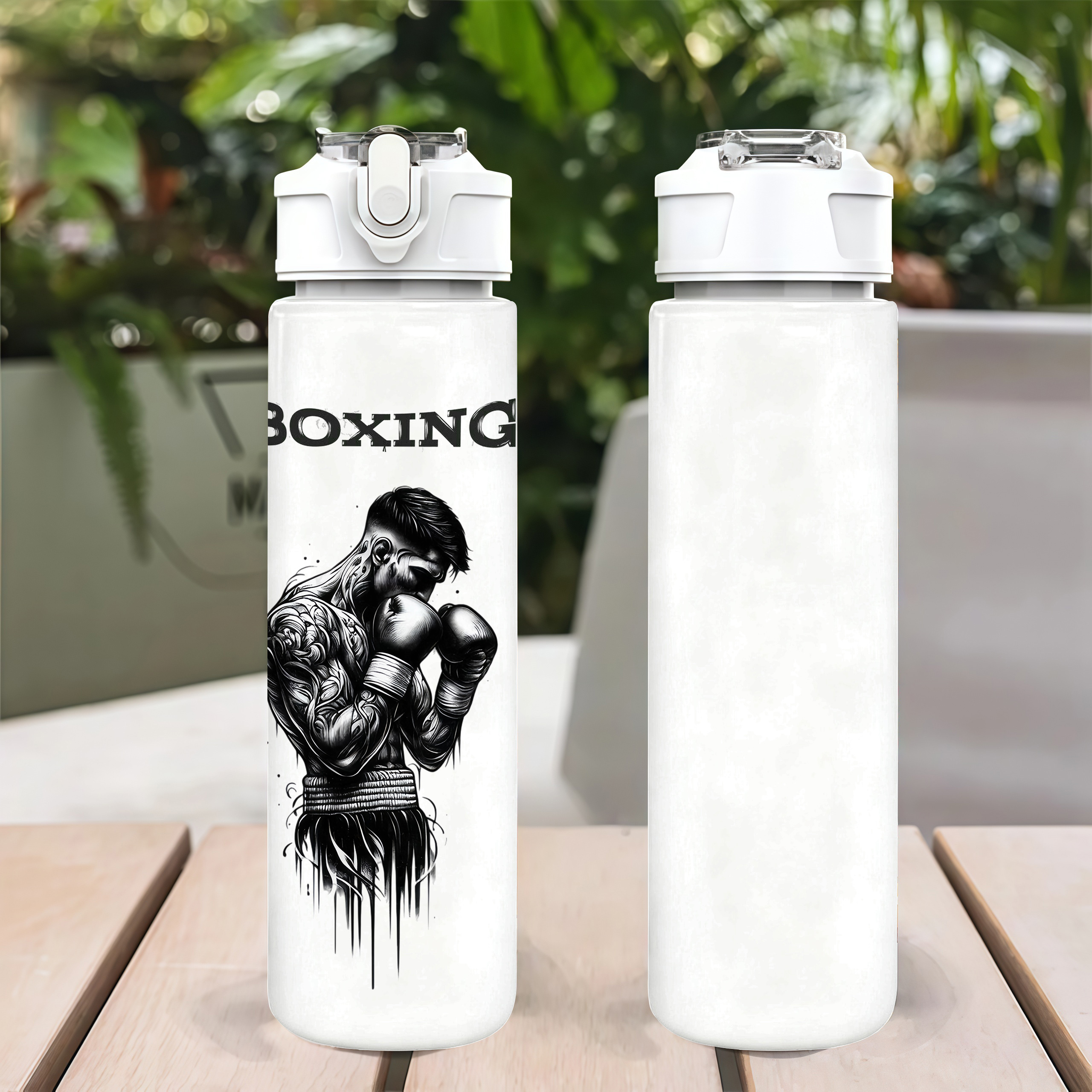 TEMU 1pc Black And White Tattoo Boxer Theme Printed, 750ml/26oz Plastic Sports Water Bottle, Cute Print, Leak-proof With Pop-up Lid, Lightweight,