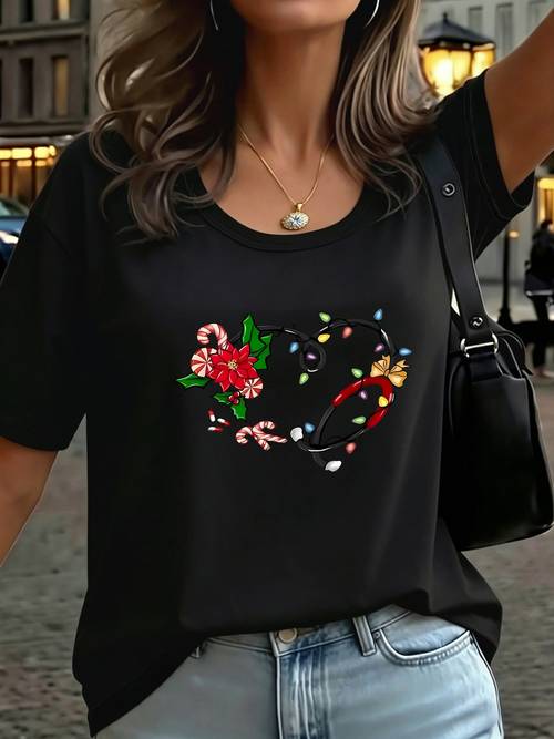 item picture womens casual sports y2k short sleeve t shirt womens comfortable daily wear top with heart pattern print loose all match t shirt christmas