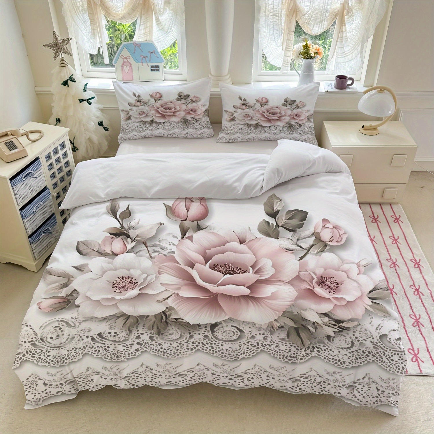 TEMU 3pcs Luxury Bedding White With Pink Floral Print (1 Duvet Cover And 2 Pillowcases, Without Core) For Bedroom