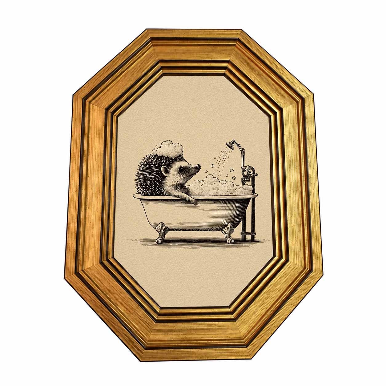 TEMU 2d Flat, 2d Flat, 2d/flat, 1pc, Framed, Whimsical Hedgehog Bathing Illustration In Ps Resin Octagonal Gold- Patterned Frame, Retro Minimalist