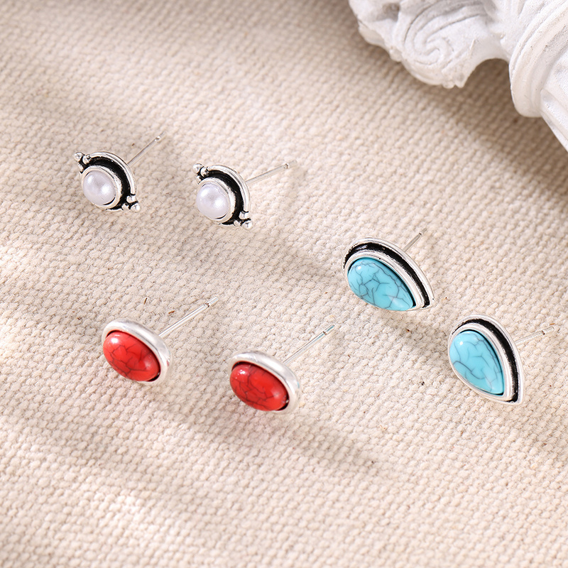 TEMU 3pairs/set Vintage Multi Style Earring Set With Synthetic Turquoise Inlay Design, Bohemian Style Versatile Earrings For Daily Commuting