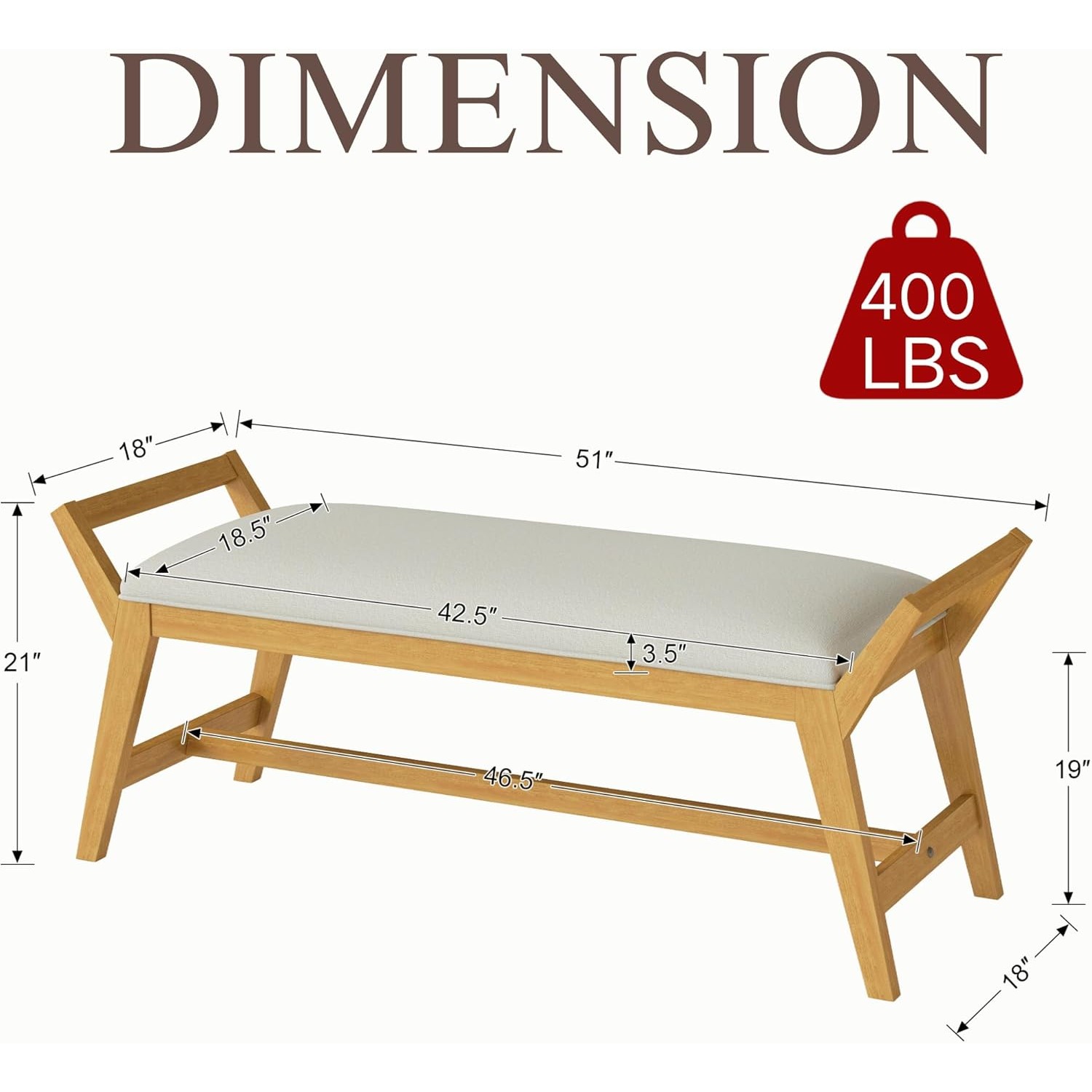 1pc 51Inch End of Bed Bench | Solid Wood Frame, Fabric Upholstered Ottoman Bench for Entryway, Bedroom, Hallway, Living Room, Modern Style