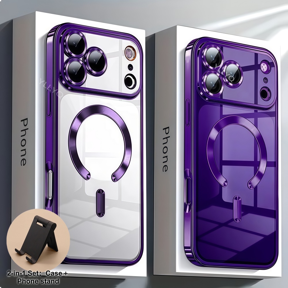 TEMU Phone Case - 2-in-1 Set: Case And Phone Stand For Magsafe Transparent Electroplated Shockproof Phone Case Suitable For Iphone 18 17 16 15 14 13