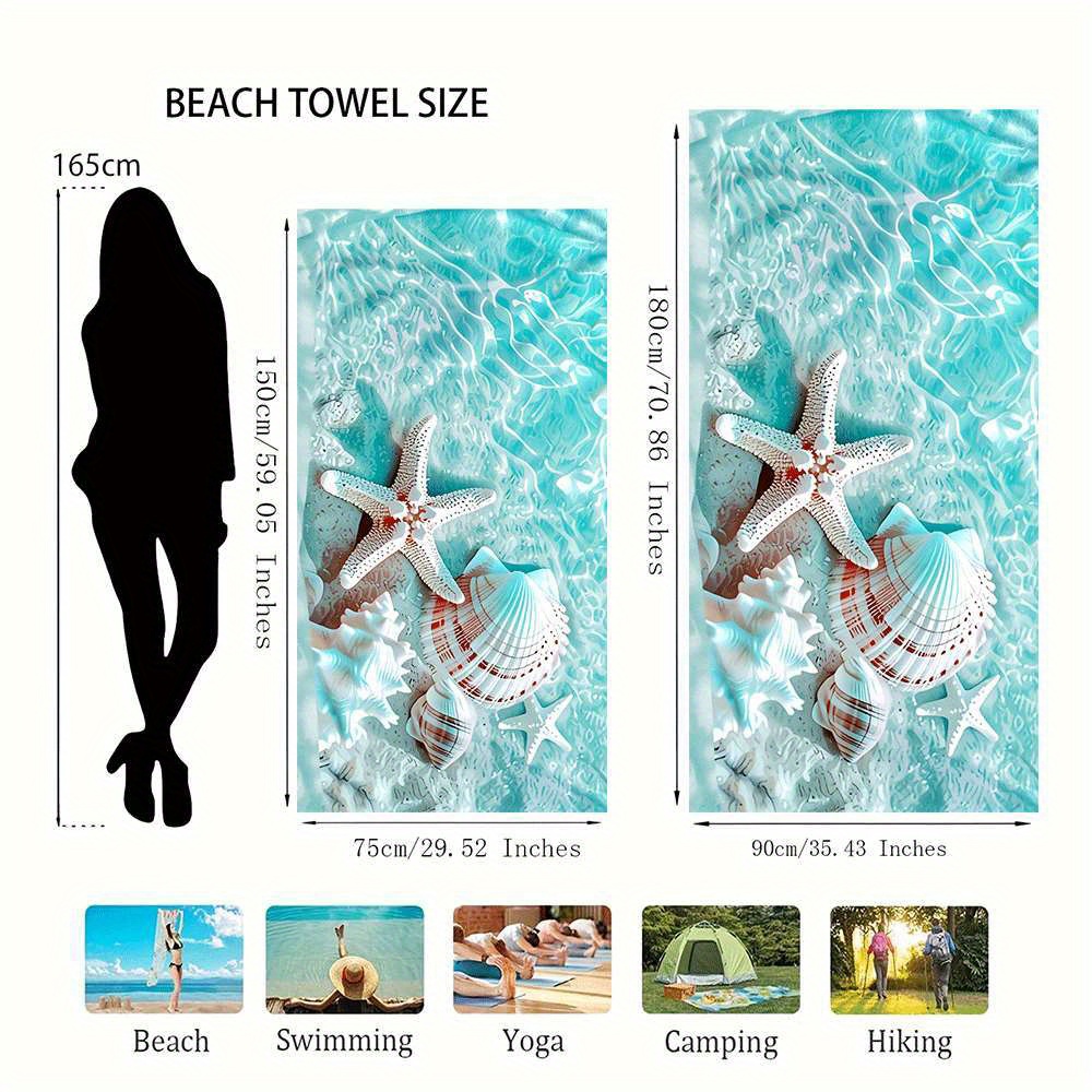 Serviette de plage en microfibre (1 pièce), motif coquillage et étoile de mer, séchage rapide, conception enveloppante résistante, idéale pour la plage et la piscine._voghion.com