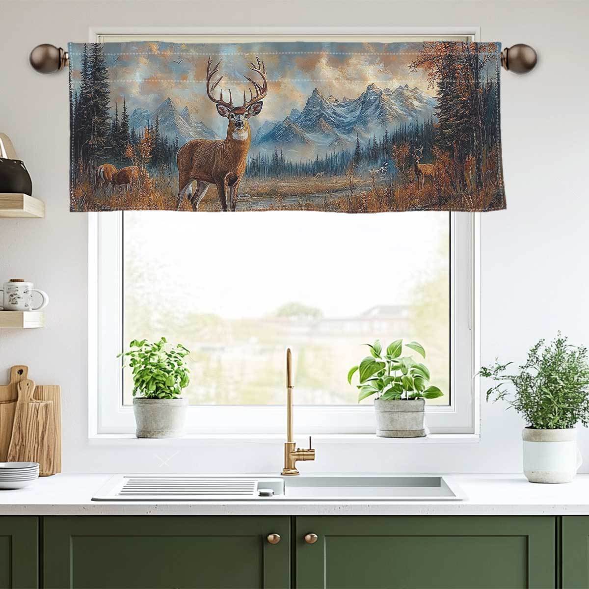 

1pc Modern Deer And Snowy Mountains Printed Valance, Semi-sheer Polyester Window Curtain For Living Room, Hand Washable Rod Pocket Top Drapes, Space Themed Decor