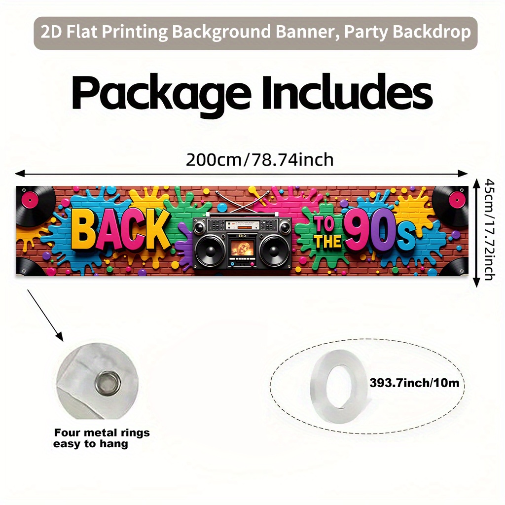 E-shop 1 Stück Retro 90er Party Hintergrundbanner - Großes 17,7x78,7 Zoll Vintage Boombox Design, "BACK to THE 90S" Text – Kein benötigt,