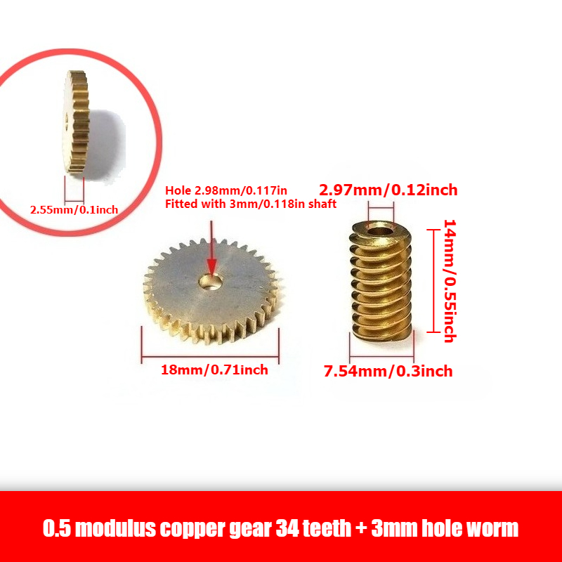 1 vnt. 0,5 modulio 3 mm skylės varinis pavaros komplektas + 1 vnt. 3 mm skylės sliekinės pavaros komplektas