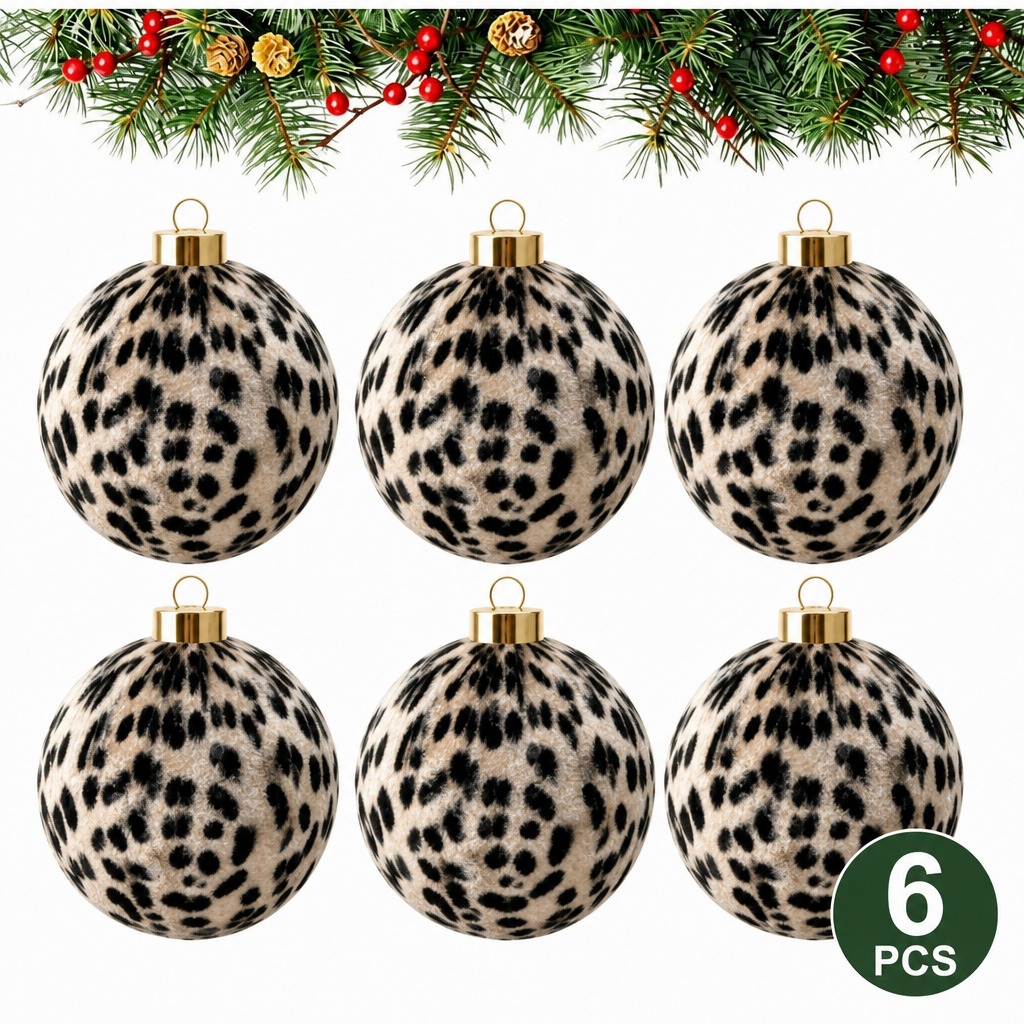 TEMU 6 stuks 6 stuks Luipaardprint geflockte kerstversieringen - Onbreekbaar geschikt voor kerstboom, neutrale dierenballen met ophanghaken, ronde