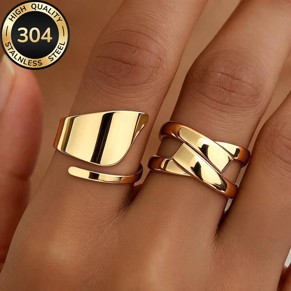 TEMU 2pcs Ring Set, High-quality Hypoallergenic Stainless Steel Golden Stackable Open Rings, Kc, Fade-resistant, Simple And Elegant, Fashionable