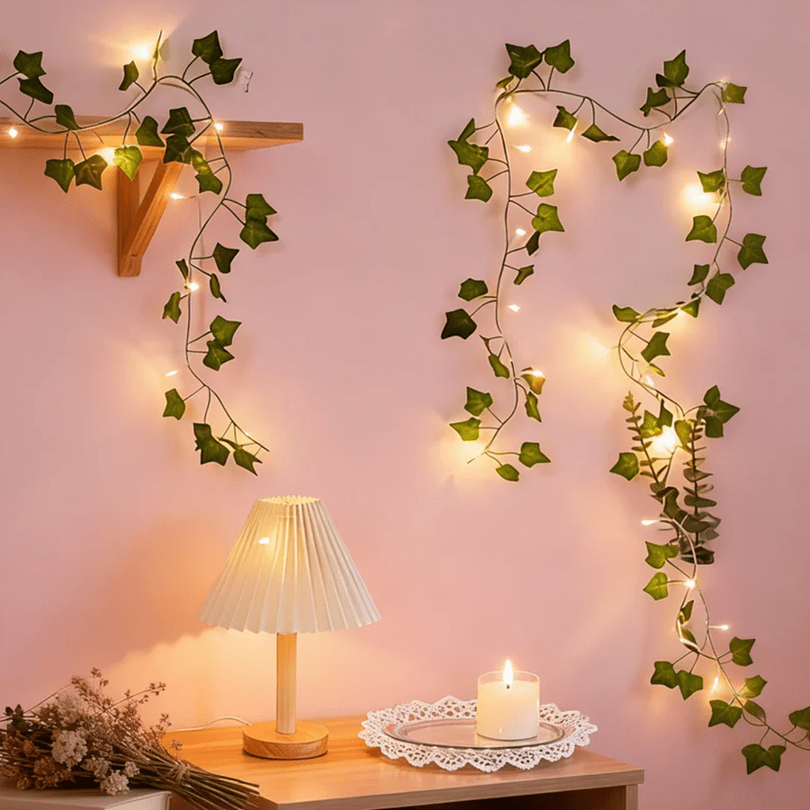 TEMU 1pc, Battery-powered Artificial Ivy Leaf Vine Fairy Lights, Ivy Vine With Fairy Lights, 299.78cm 30led Green Leaf Lamp String Light, For Bedroom