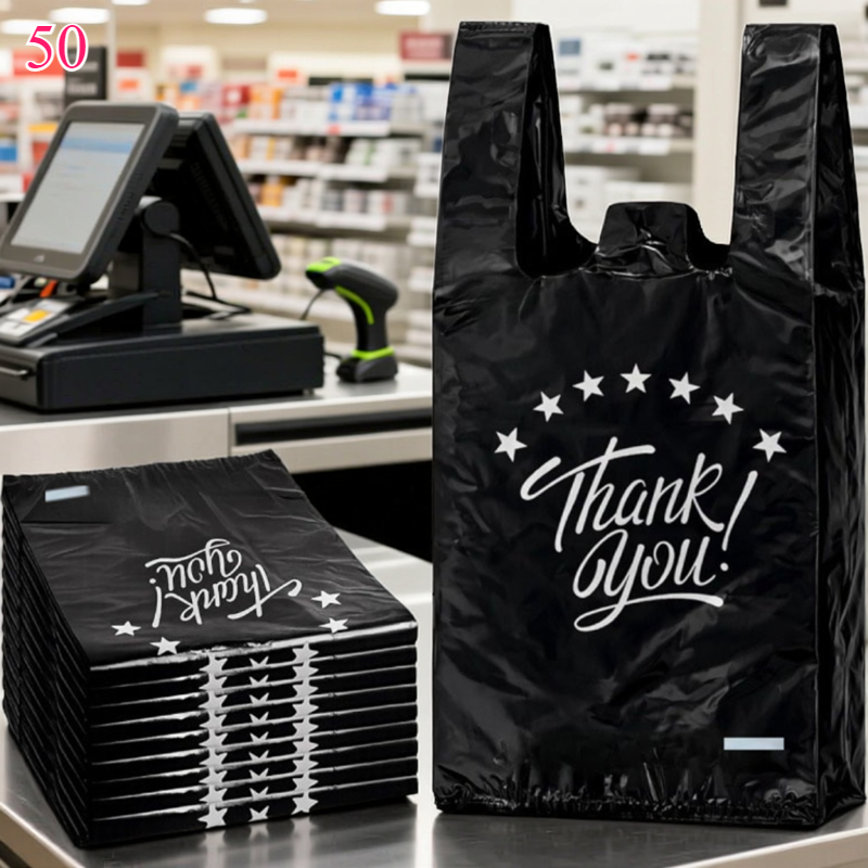 TEMU 50pcs Star-patterned Plastic Shopping Bags, Available In 2 Sizes: 9.44 X 14.96 And X 18.89 Inches