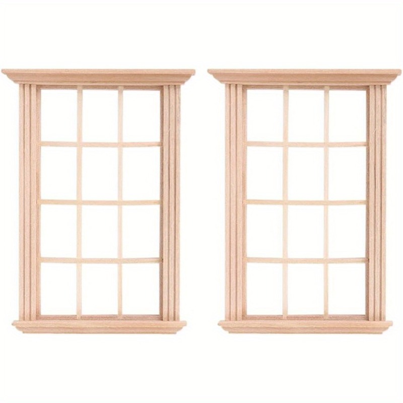 Image of 2pcs 1:12 Scale Mini Wooden Dollhouse Window Frame - Camel, Size 8.38x11.43cm, Design Dollhouse Bedroom Additions, Durable Mini Furniture