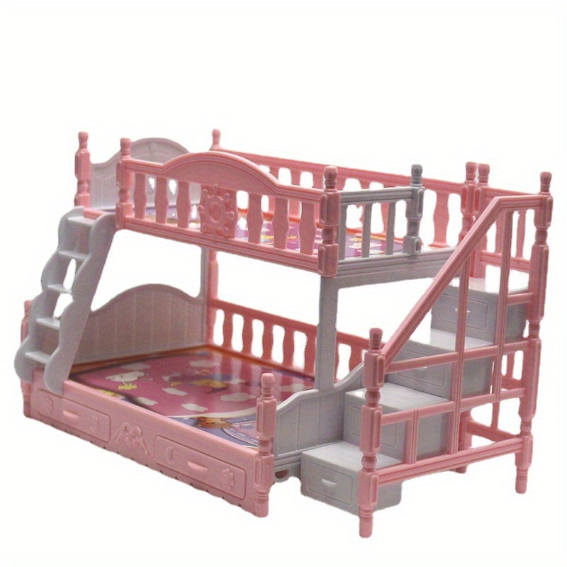 Image of [] Elegant Pink 2-tier Princess Bunk Bed, Suitable For 6.3-inch Dolls - Durable Pvc, European Style, With Decorative Headboard And Safety Rails, Includes Removable Mattress