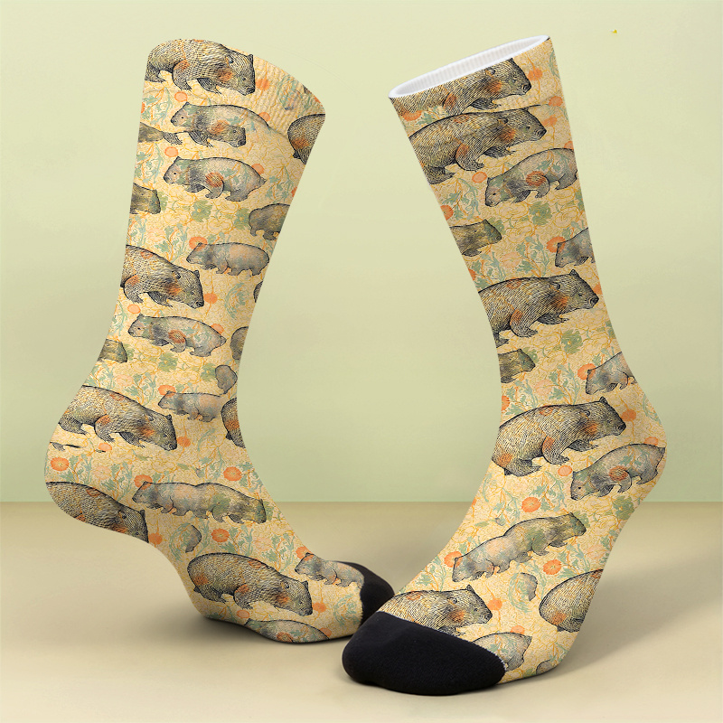 TEMU A Pair Of Printed Socks With Printed Patternsantique-inspired Wombat Print Fabric With Floral Motifsa Soft Comfortable Breathable Novel Cute And