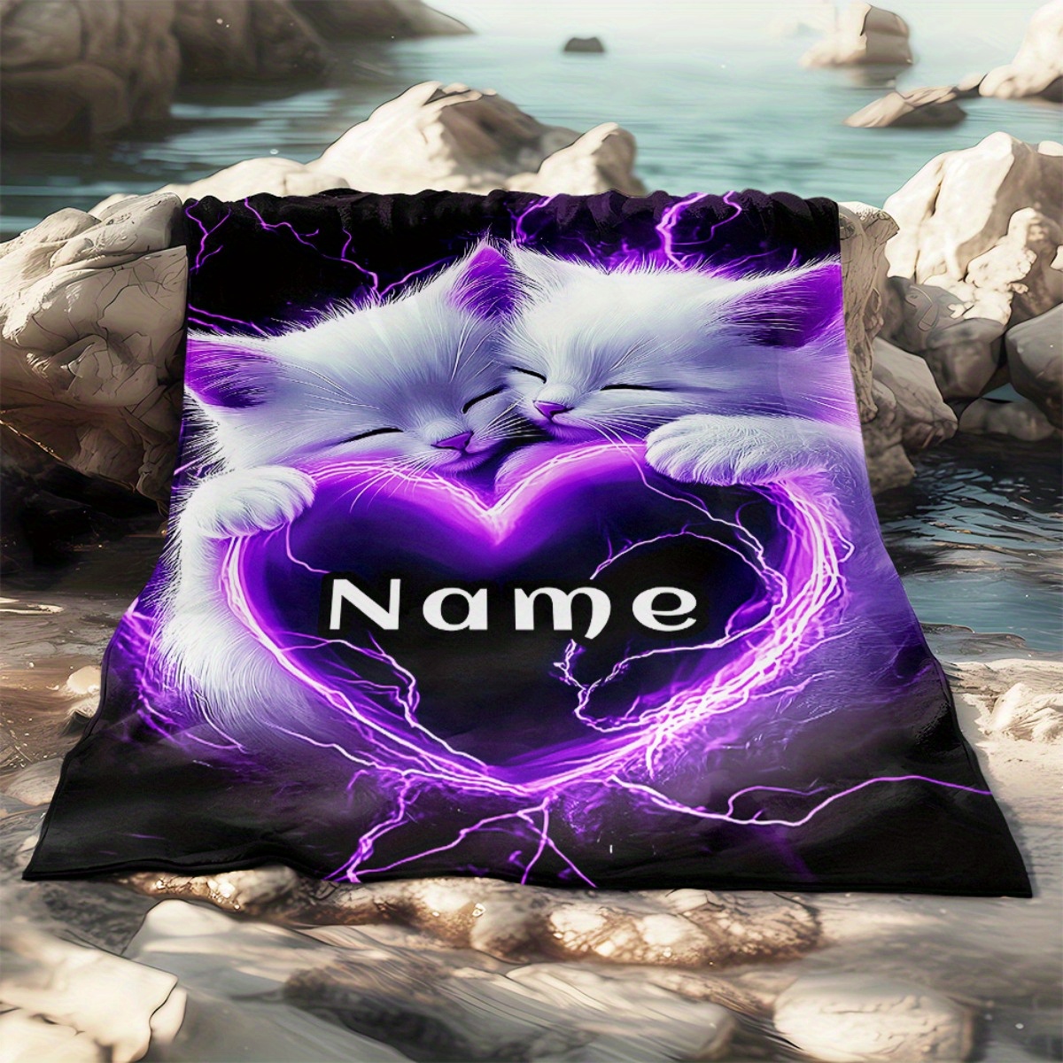 TEMU A Personalized Custom Name/text - Featuring A Cute White Cat And Purple Heart Pattern - A Soft, Warm, Lightweight Blanket Suitable For - Made Of