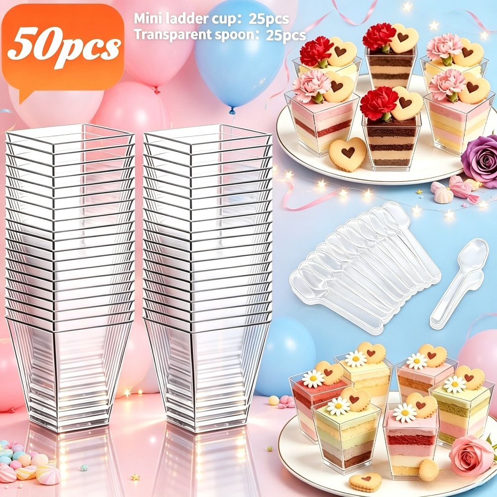 TEMU 50pcs Reusable Rectangular Mini Dessert Cups With Spoons Suitable For Cheesecake, Pudding, Wedding & Desserts - Plastic Bowls, Hand Wash Only,