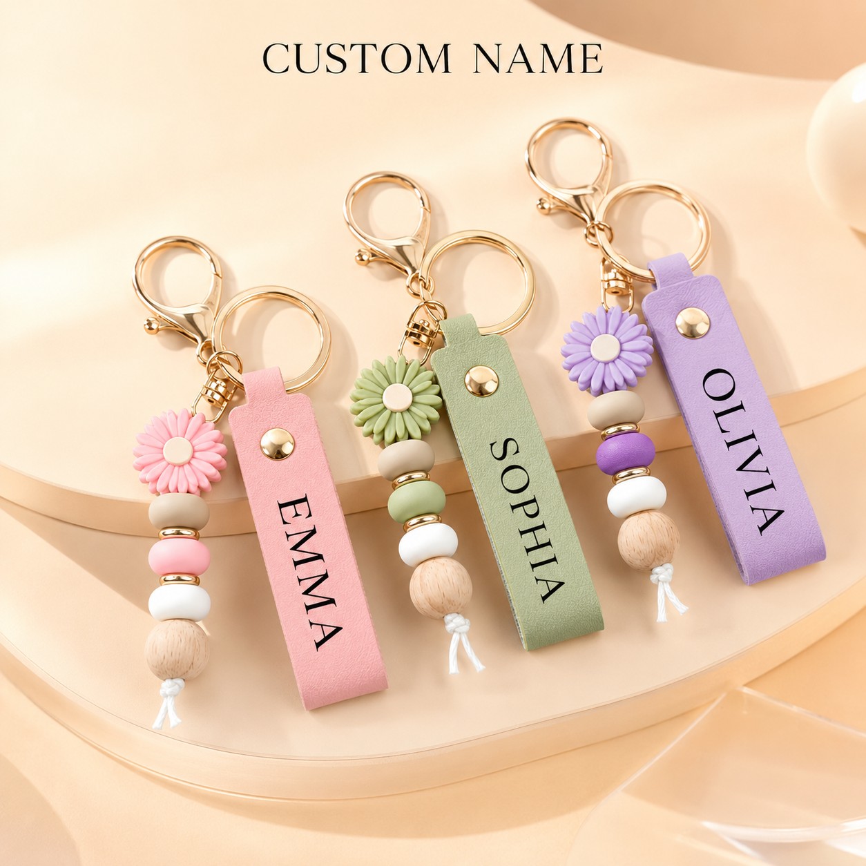 TEMU 1pc Personalized Daisy Beaded Keychain, Custom Name Flower Charm Key Ring, Gift For Women