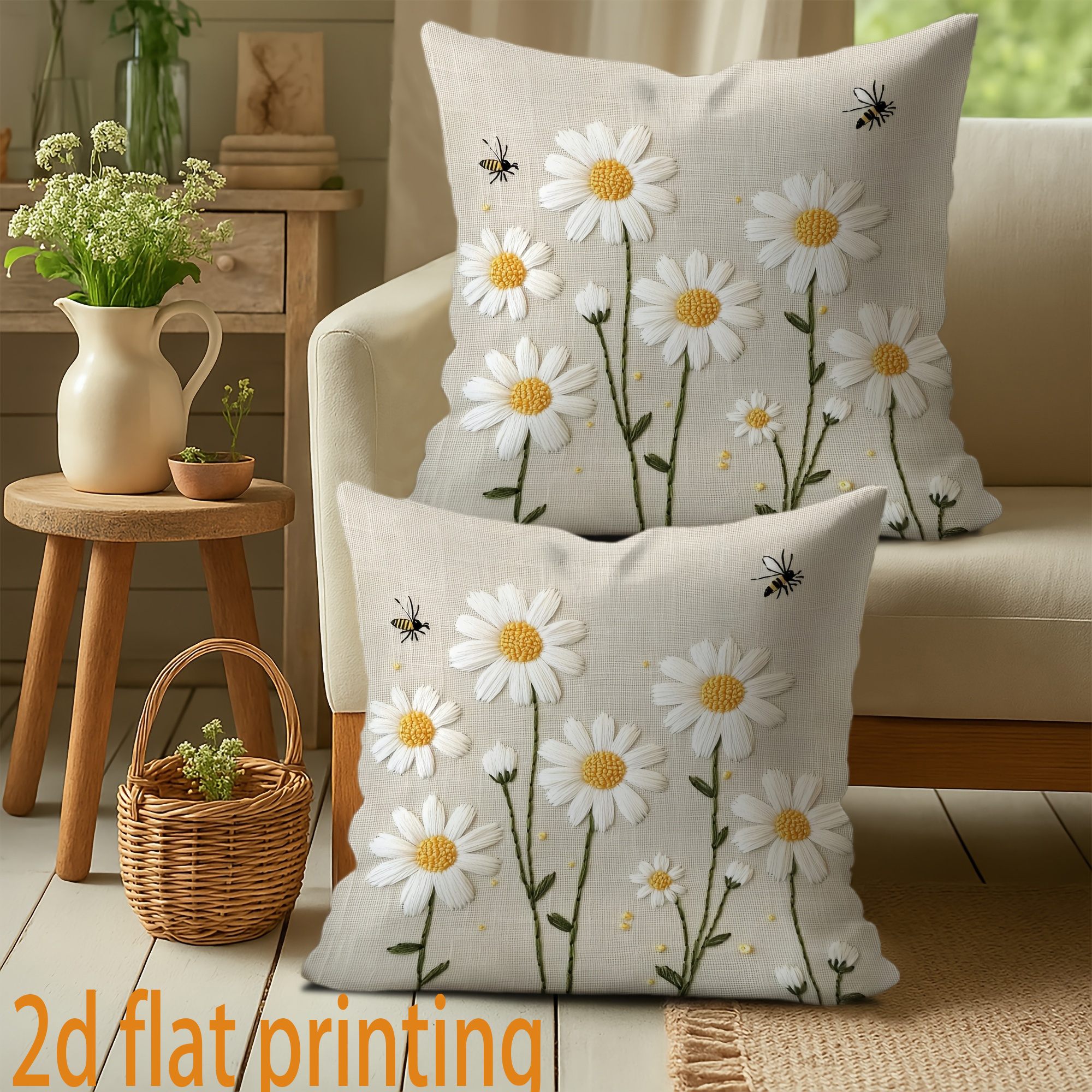 E-shop 2D Flat - 2er-Set Pastoral Gartenzwerg Kissenbezüge, Bienenfreunde, 2D Flat Druck Ultra-Exquisit, Hergestellt aus strapazierfähigem Polyester,