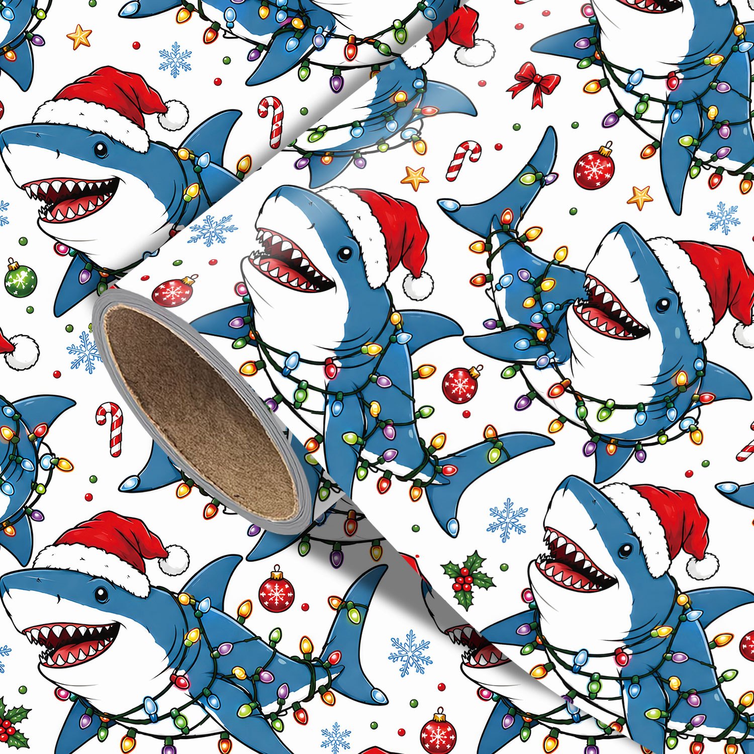TEMU Roll Shark-themed Wrapping Paper Suitable For Xmas Gifts, Birthday Party Decorations - Single-sided Sheets With Santa Shark, Ornaments & Candy