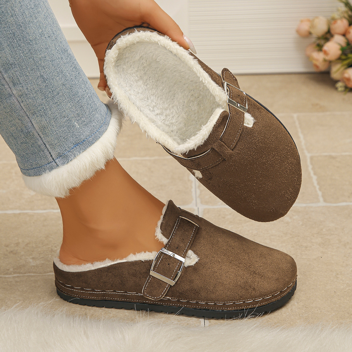 TEMU Size Autumn Winter New Thickened Fleece Mule Shoes Women's Elegant Casual Fashion Comfortable Winter Shoes Women's Versatile Slip-on Closed-toe