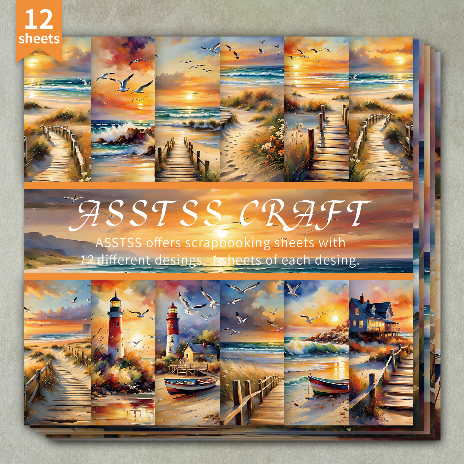 TEMU A 12-sheet Paper Pad Measuring 6 By 6 Inches, Featuring A Watercolor Beach Coastal Sunset Design. This Heavyweight Cardstock Is Perfect For