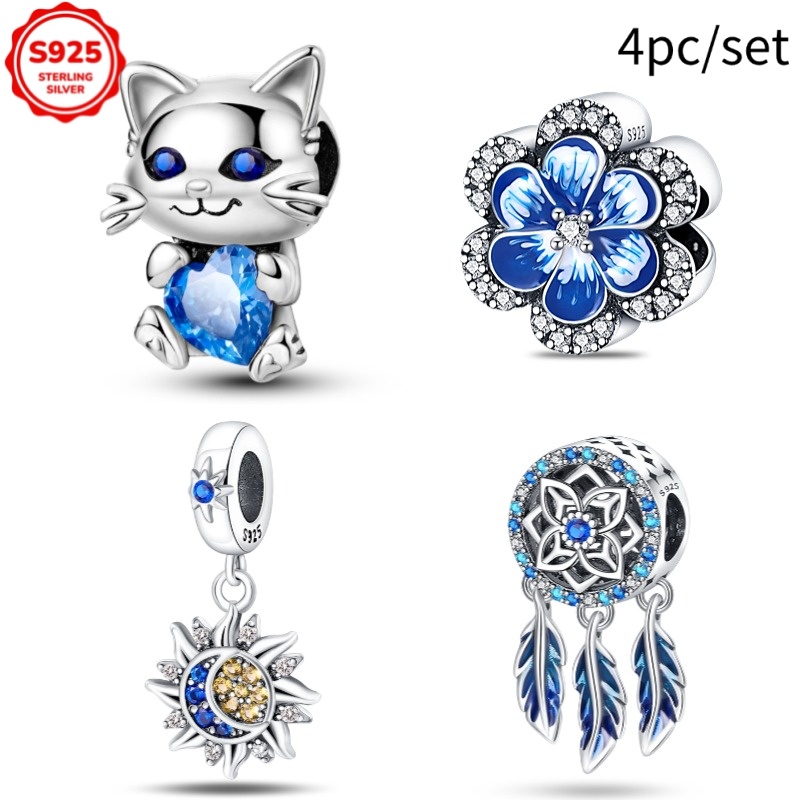 4pcs 925 Sterling Silver Cat Flower Charm Beads, Suitable For Bracelets, Necklaces, Keychains, And Exquisite Gift Making